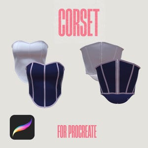 May include: Image features four corsets in white and navy blue, with light pink trim. The word "CORSET" is displayed in pink block letters at the top, and "FOR PROCREATE" is at the bottom. A Procreate app icon is in the lower left corner.