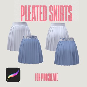 May include: Image features four pleated skirts, two white and two blue. The blue skirts have a patterned waistband. The text "PLEATED SKIRTS" is in pink, and "FOR PROCREATE" is in pink below the skirts. A Procreate app icon is in the lower left.