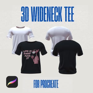 May include: Four t-shirts are displayed against a light background. Two white and one black wide-neck tees are shown. A black tee features a pink panther graphic with the text "LIFE IS SHORT FUCK IT". The text "3D WIDENECK TEE" and "FOR PROCREATE" are also visible.