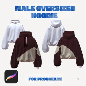 May include: The image displays four oversized hoodies. Two are white, and two are maroon and beige. The text "MALE OVERSIZED HOODIE" is at the top. The text "FOR PROCREATE" is at the bottom. A Procreate app icon is in the lower left corner.