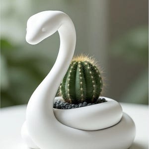 May include: A white ceramic snake-shaped planter holding a green cactus. The snake's body coils, forming a base for the plant. The cactus is round with sharp spines. The planter is a decorative item for home decor.