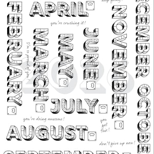 May include: Black and white 2022 calendar with the months of the year in a 3D block letter style. Each month has a series of numbers inside the letters, with motivational phrases like "you're crushing it!" and "you got this!"