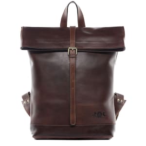 Brown Leather Roll Top Backpack  Handmade Buffalo Leather Rucksack  Vintage Laptop Bag for Men and Women  Travel Work & School Bag