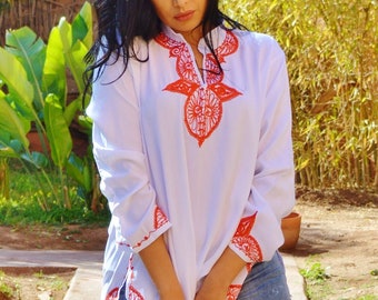 Spring Trends | Salma Style White Orange Tunic Morocco-resort,  gifts, holiday wear, resortwear, casualwear, bohemian, beach,Dress sale,