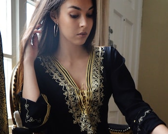 Summer Tunic Black with Gold Embroidery Traditional Marrakech Tunic Dress - Casualwear, resortwear, dress,holiday dress, resort tunic, gifts
