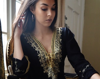 Spring Tunic Black with Gold Embroidery Traditional Marrakech Tunic Dress - Casualwear, resortwear, dress,holiday dress, resort tunic, gifts