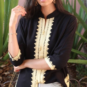 Summer Black & Gold Brown Moroccan Tunic, White Shirt, Embroidered Tunic, Moroccan Shirt, Birthday gifts,Gift for her,boho tunic,cosy tunic
