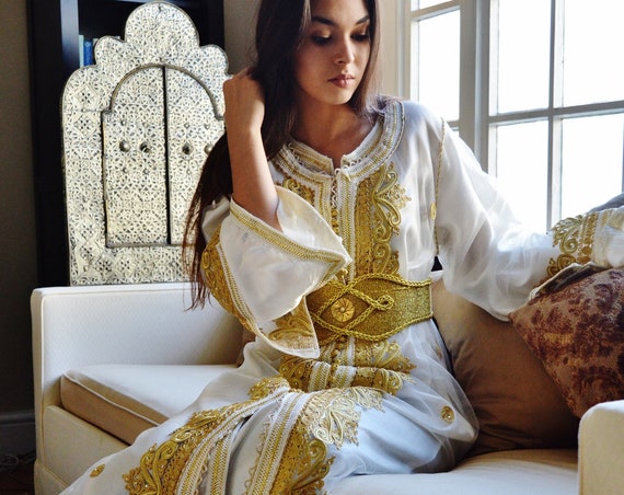Winter Dress Kaftan Moroccan Modern White Gold Embroidery Caftan Kafan-Millia-moroccan parties, weddings,abbayas, , ,  dress,Christmas