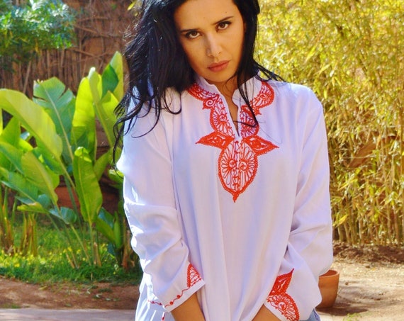 Summer Dress Trends | Salma  White Orange Tunic Morocco-resort,  gifts, holiday wear, resortwear, casualwear, bohemian, beach, dress,,