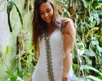Vestido de otoño, caftán blanco, caftán sin mangas, caftán Khalida, ropa de resort, caftán de playa, boda en la playa, boho, vestido bordado