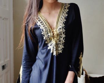 Spring  Tunic Black with Gold Embroidery Traditional Marrakech Tunic Dress - Casual wear, loungewear, resortwear, , ,,Spring dress