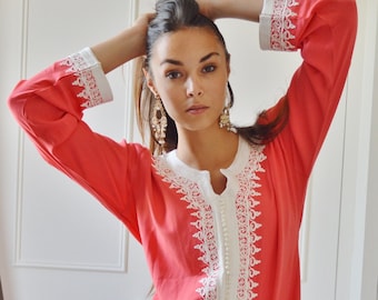 Robe longue caftan marocain rose saumon - Karima-loungewear, robe de maison, caftan de plage, robe de soirée, robe de villégiature, cadeau du ramadan