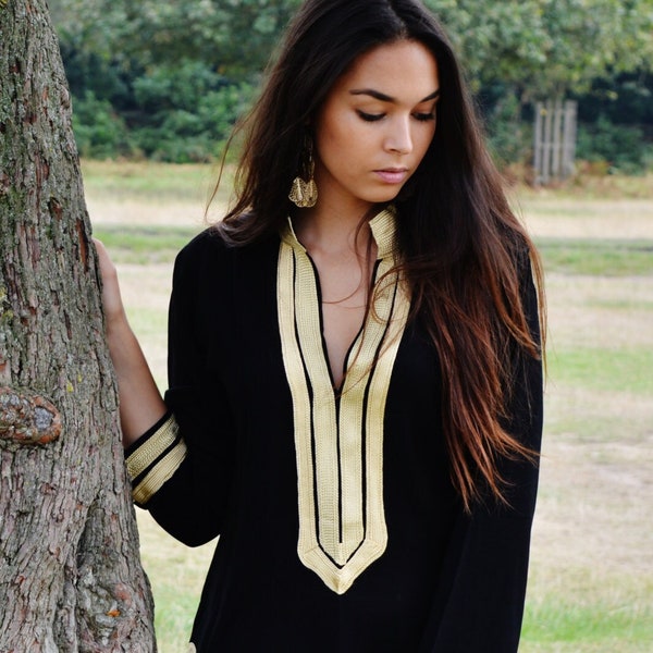 Spring Trendy Tunic Black with Golden Embroidery Mariam- perfect  resort wear, boho wear, as birthday gifts, black boho tunic, dress,,