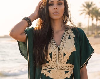 Selección de Etsy: Vestido caftán de otoño, caftán bohemio marroquí verde y dorado, vestido de fiesta, vestido de vacaciones, regalo para ella, vestido para estar en casa, vestido de resort, vestido bohemio
