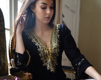 Black Gold Embroidery Marrakech Tunic Dress-black moroccan tunic, beach tunic, resort dress,sleepwear, home dress Etsy's Pick,Summer dress