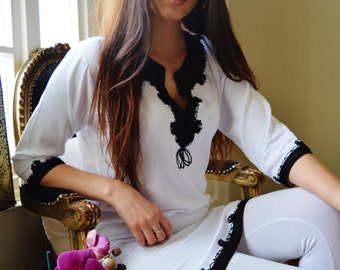 Trend Bohemian White Black Embroidery Moroccan Tunic Khalia-perfect   gifts, holiday wear, casual wear, mother's day,Spring dress,