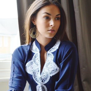 Salma  Navy Tunic with White Embroidery-perfect  resort, birthday gifts,  dresses, resortwear, casualwear, bohemian,beach kaftan,,,holiday