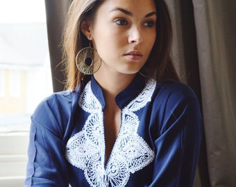 Salma  Navy Tunic with White Embroidery-perfect  resort, birthday gifts,  dresses, resortwear, casualwear, bohemian,beach kaftan,holiday