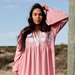 White Oversize Linen Shirt Dress, Loose Gown, Relaxed Boho