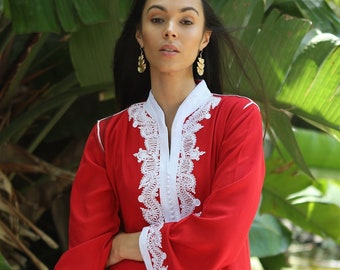 Spring Kaftan Red & White Moroccan caftan Maxi Dress- Karima-loungewear,gift for her, resort dress,beach kaftan,home dress, ramadan gift