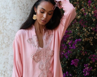 Gift for mom,Dress Champagne Pink Aisha Marrakech Bohochic Kaftan Caftan, Embroidered kaftan,Embroidered Dress,Spring dress, ramadan gift