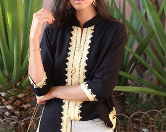 Spring Handmade Black & Gold Brown Moroccan Tunic, White Shirt, Embroidered Tunic, Moroccan Shirt, Birthday gifts, ,,  Gifts,Spring dress