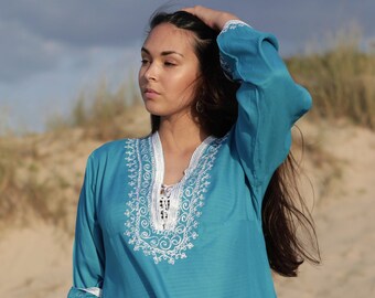 Sale/Blaues Kleid Marrakesch Weiße Boho Tunika -Loungewear, Resortwear, Sticktop, Marrakesch Tunika, Kleid, Strandtop, Cover up,,