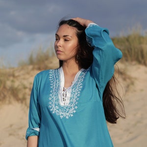 Sale/Blue Dress Marrakech White Boho Tunic -loungewear, resortwear, embroidery top, Marrakech Tunic, dress, beach top, cover up,,,Ramadan