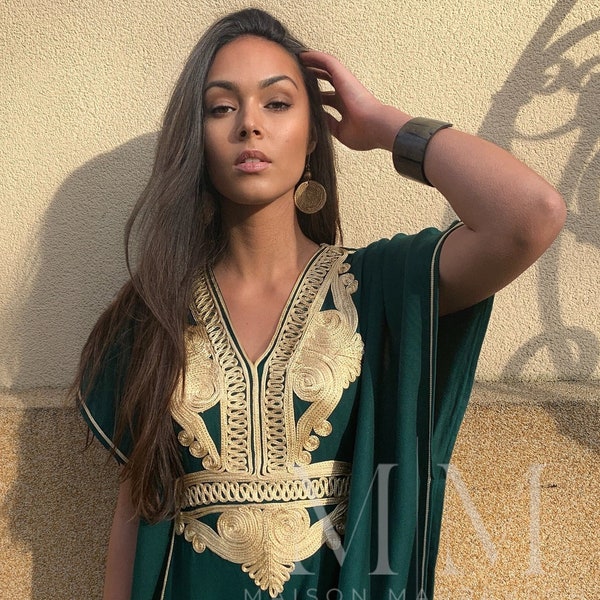 Caftan de plage marocain vert or - Caftan de plage, vêtements de villégiature, vêtements de maison, anniversaire, cadeaux de mariage, caftan de la mariée