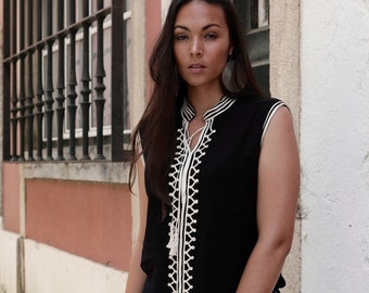 Black &White Tunic- Zizi Embroidery Moroccan tunic, beach wedding,stayhome wear, shirt, blouse, holiday tunic, birthday gifts,,Gifts for her