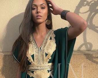 Spring Kaftan Dress Moroccan Green Gold Caftan-beach cover up, resort dress, maternity, birthday gifts, plus size, vacations,summer dress