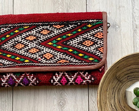 Moroccan Red Kilim Hand Clutch with Shoulder Straps Berber style-bag, handbag, purse, no.1, Christmas gifts, gifts for her,valentines day