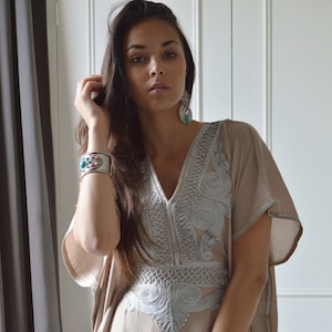 Spring Kaftan, Beige Silver Resort Caftan Kaftan-loungewear,beachwear,home dress, birthday gifts,beach kaftan,Ramadan dress, gift for her image 1