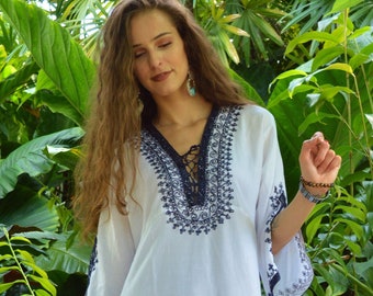 Spring White Navy Blue Marrakech Tunic Dress,loungewear, resortwear, bohemian clothing, embroidery top,dress, vacation dress, holiday,