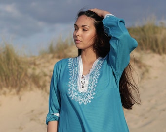 Turquoise Blue Dress Marrakech White Boho Tunic -loungewear, resortwear, embroidery top, Marrakech Tunic, dress, beach top, cover up,