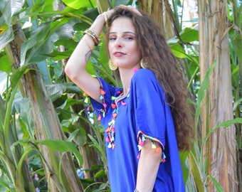 Caftán de resort con borlas azules: ropa de estar, ropa de playa, pareos de playa, ropa de resort, regalo para mamás, caftán de playa, regalos, regalos para ella