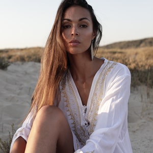 Autumn Dress White & Gold Tunic Embroidered Dress-Karmia&#39;s Syle,dress,beach kaftan, holiday dress, home dress,resort kafftan,gift for her