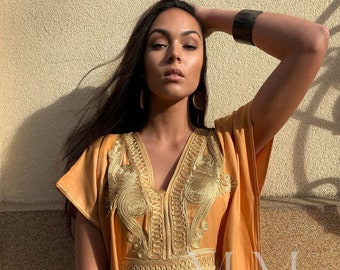 Lente geel goud kaftan jurk Marokkaanse Marrakech strand kaftan-strand cover-up, resortwear, zwangerschapskleding, verjaardag, huwelijksgeschenken