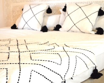 Moroccan white & black embroidered Blanket bed cover, Bed Spread,Wedding gift, Moroccan throw,Moroccan bedding Mother's day Mother's day
