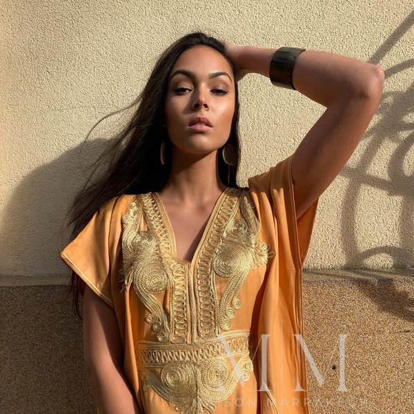 Caftan de plage en or jaune marocain - robe de plage, robe de villégiature, robe de maison, cadeaux d'anniversaire, grande taille, cadeaux pour elle