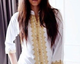 Spring White & Gold Brown Moroccan Tunic-birthday gifts, beach, resort wear, honeymoon gifts, bohemian, dress, Etsy's Pick