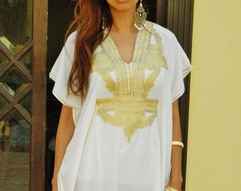 Spring White Kaftan Dress Kaftan Moroccan Resort Caftan Kaftan Marrakech-White Gold Embroidery, beach cover ups, resort , dress, , ,,,