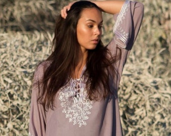 Spring Grey Dress White Boho Tunic loungewear, resortwear, bohemian clothing, embroidery top, Marrakech Tunic, gift for her, Ramadan dress