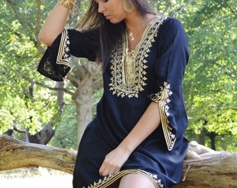 Black Tunic Dress Gold Embroidery Marrakech Boho Tunic - loungewear, resortwear, bohemian, dress,beach kaftan gift, gifts for her