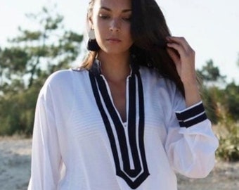 Summer Kaftan White Navy Blue Mariam  Caftan- giftswear,resortwear, beach kaftan, moroccan dress,holiday kaftan, maxi dress,Gifts for her