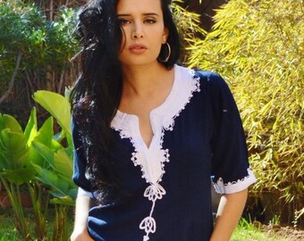 Summer Blue Kaftan,Trendy Navy Blue White Khalida Moroccan Caftan Kaftan -maxi, resort, beach cover up,home dress,gift for her, boho dress