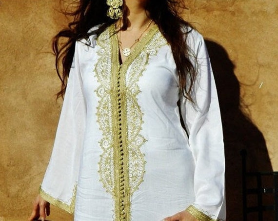 White with Gold Maternity Caftan - Lella-  giftswear,resortwear,spa robe,  Valentines Day, Birthdays or Maternity Gifts, Ramadan, EidRamadan