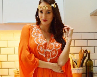 Orange Agadir Embroidery Beach Maternity Gown Caftan Kaftan -cover ups,beach wedding,maxi dresses,honeymoon, maternity gifts, gifts  her,