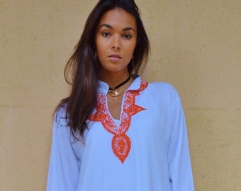 Spring 25% OFF SALE Kaftan Moroccan Clothing //White Orange Melik Moroccan Caftan Kaftan -maxi, resort, beach cover up, , Moroc, dress,,,