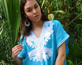 Caftán de verano - Azul turquesa y blanco Marrakech Resort Caftán Caftán - pareos de playa, ropa de resort, vestido largo, vestido para estar en casa, regalo para ella vacaciones